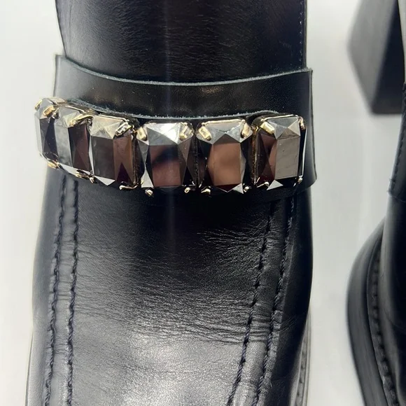 RAS black chunky heel leather loafer square toe/heel w/jewel detail SZ 39 US 9 - Picture 12 of 13
